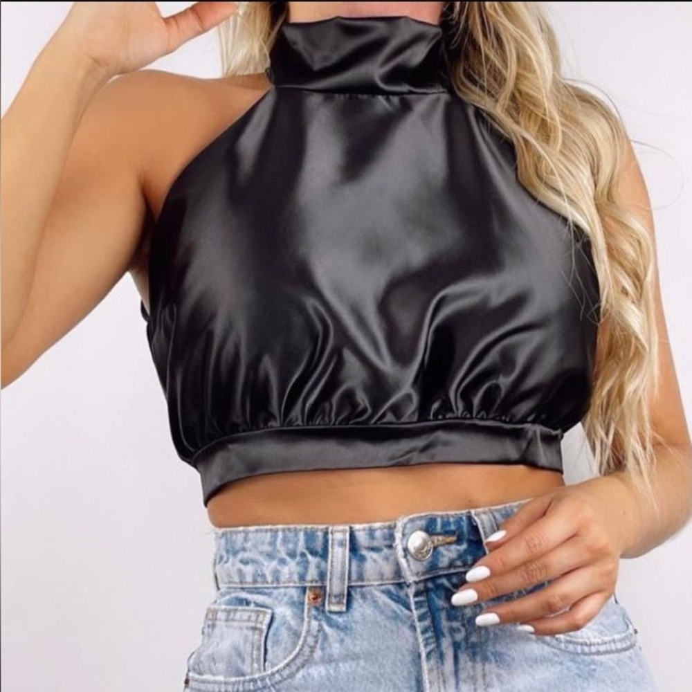 Sleek Black Satin Halter Top